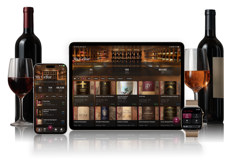 CellarLog running on iPhone, iPad, and Apple Watch